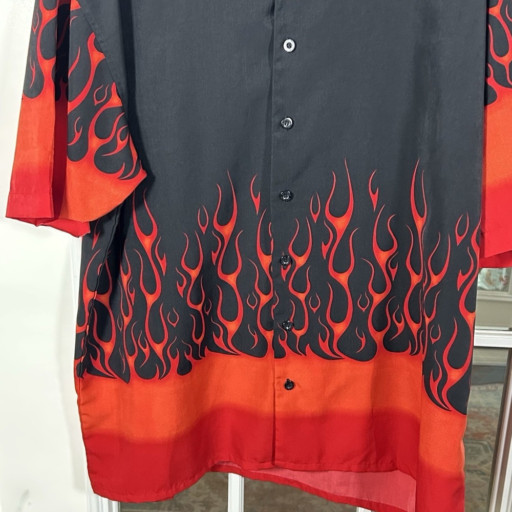 Authentic Shaolin Vintage Y2K Flame Print Camp Collar Button Up‎ Shirt XL - Picture 5 of 11